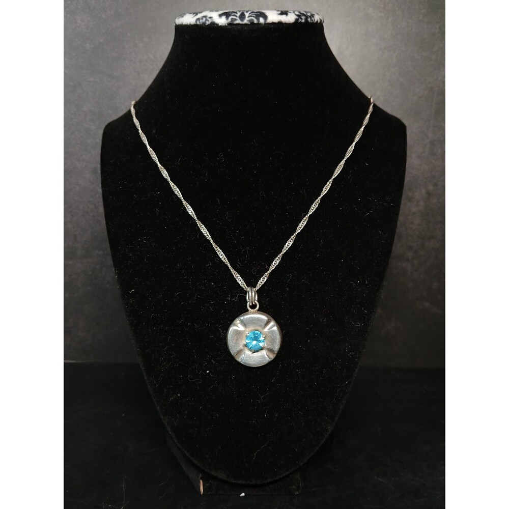 Sterling Silver Blue Glass Pendant Necklace Mexico 925 Italy Chain 24 Inch Round